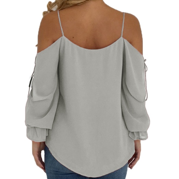 GRAY SPAGHETTI STRAP COLD SHOULDER LONG SLEEVE TOP - Picture 2 of 2